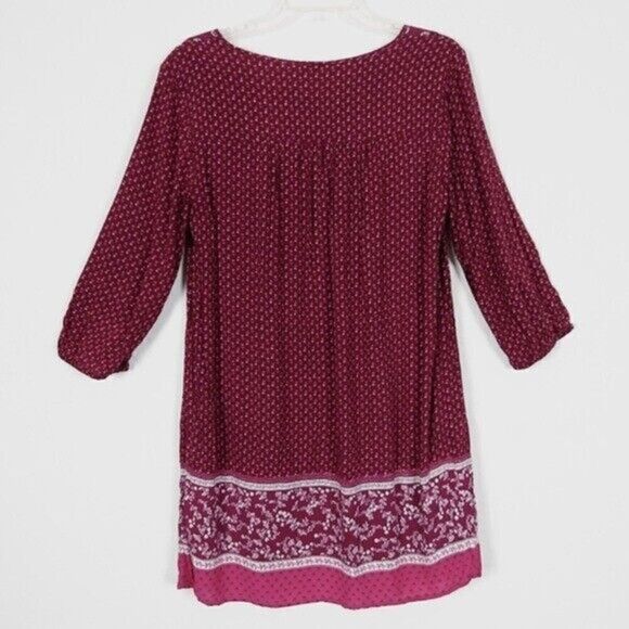 Old Navy Red & Pink Floral Boho Peasant Tie Neck 3/4 Sleeve Mini Dress Size M - Picture 2 of 5